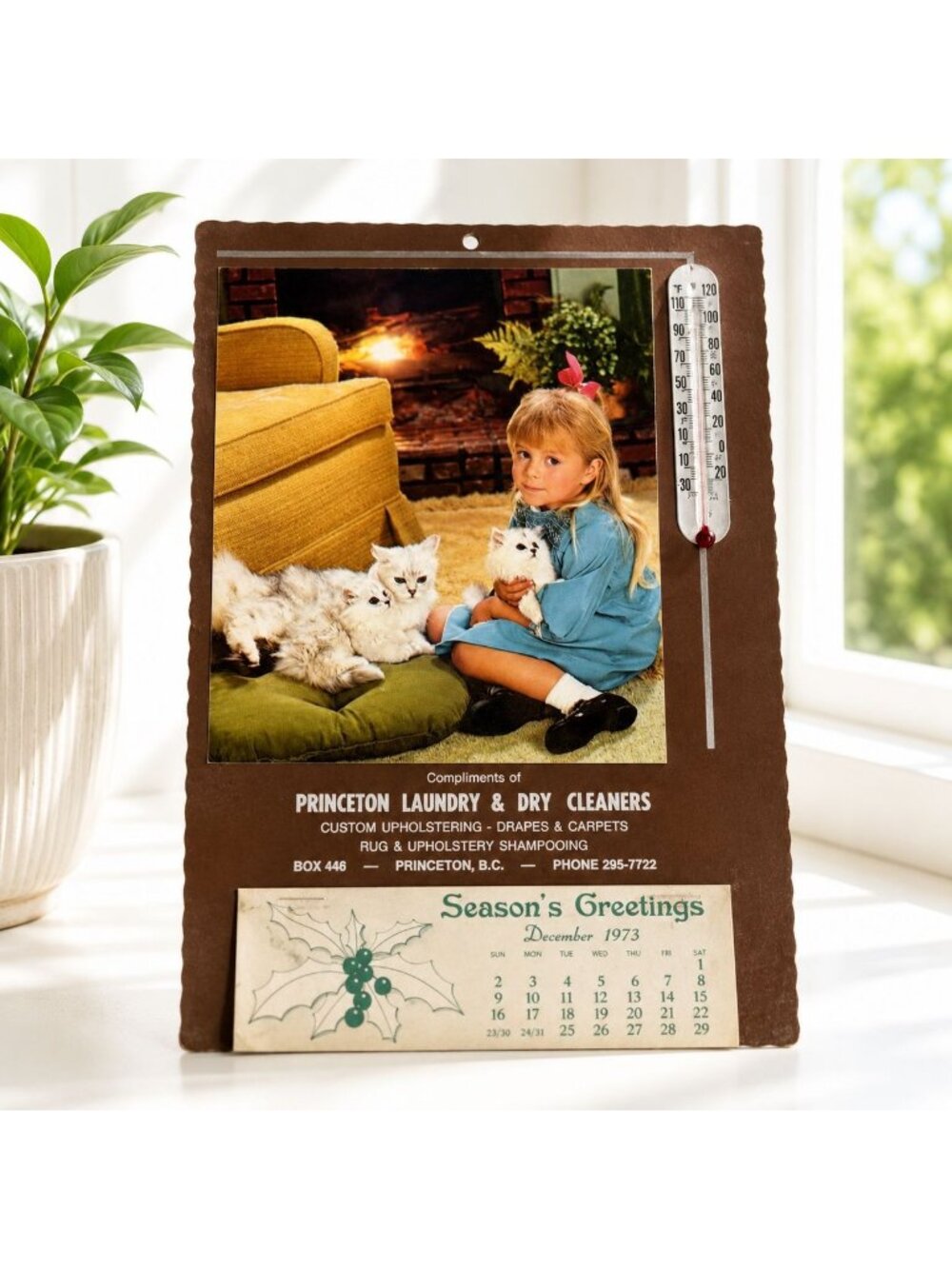 Vintage 1973 Calendar Wall Plaque With Thermometer & Cats Princeton Laundry & D